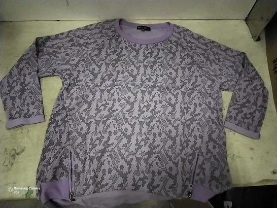 BOX OF APPROXIMATELY 25 FRANK USHER PURPLE SCALE PRINT ZIP DETAIL OVER SIZE JUMPER - SIZE SMALL/MEDIUM