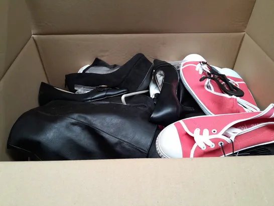 BOX OF APPROXIMATELY 10 ASSORTED PAIRS OF SHOES IN VARIOUS SIZES, COLOURS AND STYLES