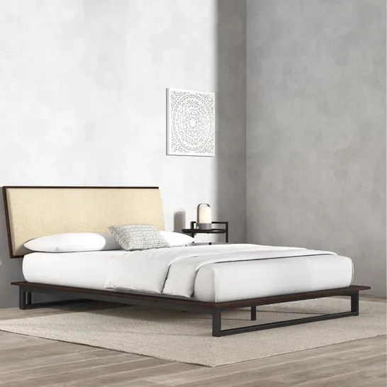 BOXED GERALDEEN MODERN UPHOLSTERED DOUBLE BED FRAME - BEIGE/DARK BROWN (1 BOX)