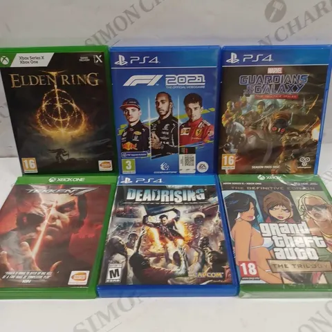 LOT TO CONTAIN 6 X ASSORTED XBOX ONE & PS4 GAMES, INCLUDES GTA, TEKKEN, ELDEN RING, DEAD RISING ETC 