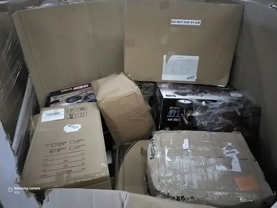 PALLET OF ASSORTED ITEMS INCLUDING ACOUSTIC GUITAR, WESCO CORDLESS BLOWER, FISHFINDER RC BAIT BOAT, KEROSENE HEATER, MOTION SENSOR LIGHT, ROCK-BUS MULTIPURPOSE SPEAKER SYSTEM, RC CAR