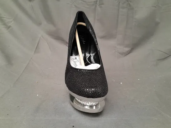 BOX OF APPROXIMATELY 10 BOXED PAIRS OF OCCASIONS PLATFORM HIGH HEEL SHOES IN BLACK W. JEWEL EFFECT - VARIOUS SIZES