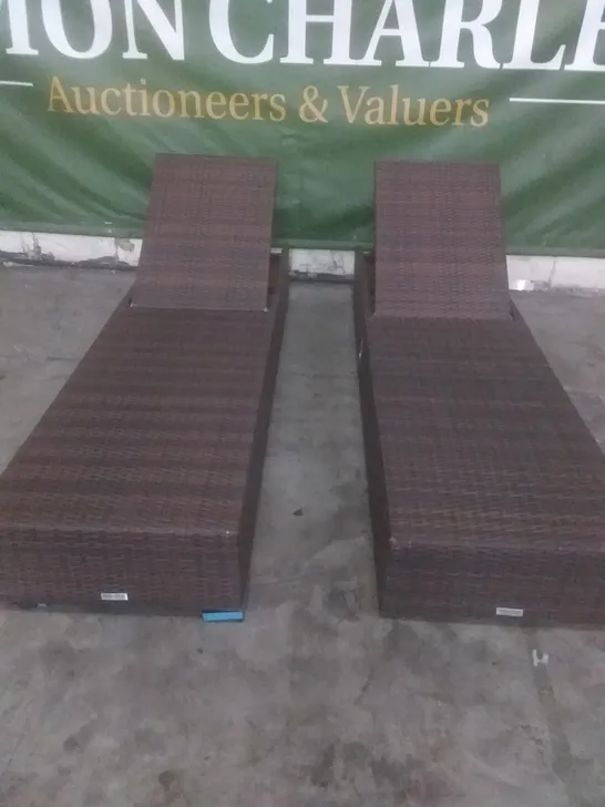 X2 RATTAN EFFECT GARDEN SUNLOUNGERS BROWN 