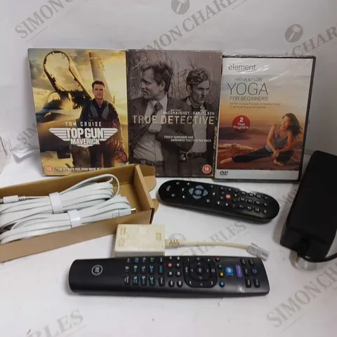 BOX OF APPROX 10 ITEMS INCLUDING TOP GUN MAVERICK DVD, USB-C CABLE AND ASSORTED POWER PACKS