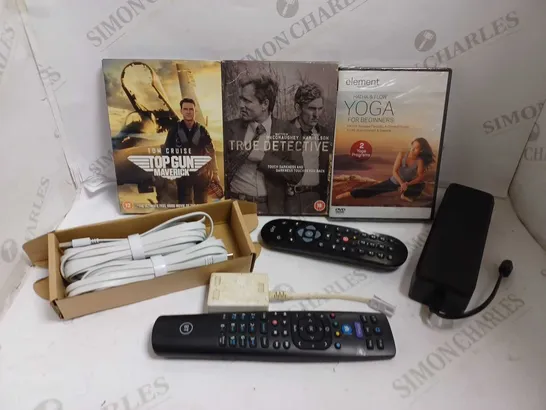 BOX OF APPROX 10 ITEMS INCLUDING TOP GUN MAVERICK DVD, USB-C CABLE AND ASSORTED POWER PACKS