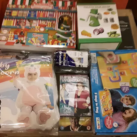 PALLET OF 6 BOXES CONTAINING ASSORTED PRODUCTS INCLUDING BABY UNICORN COSTUME, TABLETOP DRUM GRATER, CHOPSTICKS, SWEET SHOP ADVENT CALENDAR, MAZE KRAZE GAME, DVDS  
