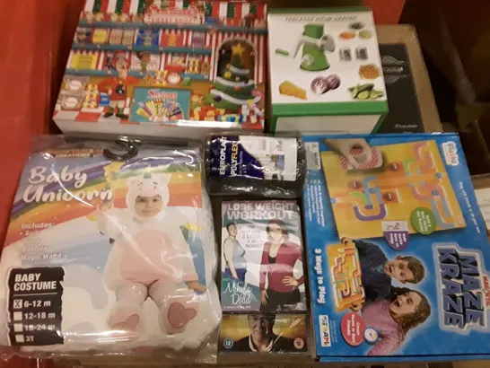 PALLET OF 6 BOXES CONTAINING ASSORTED PRODUCTS INCLUDING BABY UNICORN COSTUME, TABLETOP DRUM GRATER, CHOPSTICKS, SWEET SHOP ADVENT CALENDAR, MAZE KRAZE GAME, DVDS  