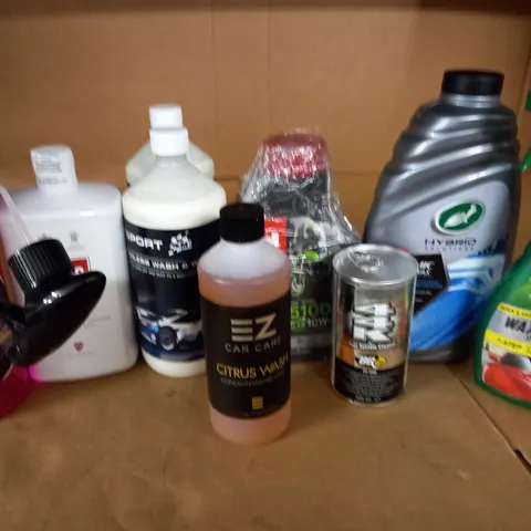 LOT OF 9 ASSORTED AUTOMOBILE LIQUID ITEMS TO INCLUDE WATERLESS WASH AND WAX AND FUEL SYSTEM CLEANER