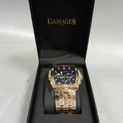 GAMAGES LONDON MAGNITUDE ROSE GOLD COLOUR BLUE DIAL WATCH 