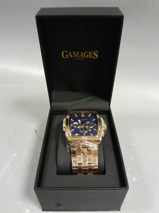 GAMAGES LONDON MAGNITUDE ROSE GOLD COLOUR BLUE DIAL WATCH 