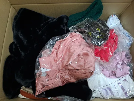 BOX OF ASSORTED CLOTHING ITEMS TOO INCLUDE JUMPERS, SHIRTS AND TROUSERS IN VARIOUS SIZES AND COLOURS   