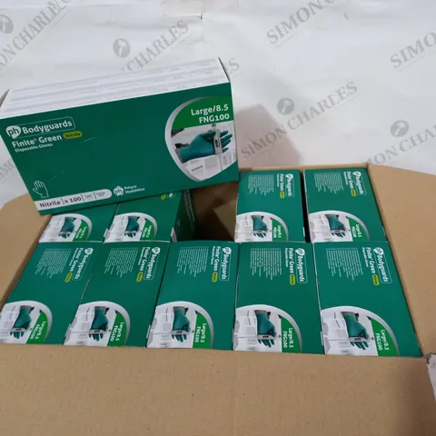 BOX OF APPROXIMATELY 10 BRAND NEW PACKS OF PH BODY GUARDS FINITE GREEN NITRILE DISPOSABLE GLOVES (APPROXIMATELY 100 PER PACK)