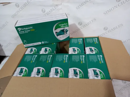 BOX OF APPROXIMATELY 10 BRAND NEW PACKS OF PH BODY GUARDS FINITE GREEN NITRILE DISPOSABLE GLOVES (APPROXIMATELY 100 PER PACK)