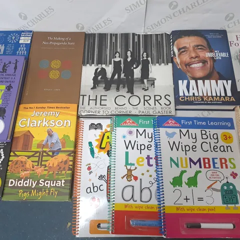 CAGE OF ASSORTED BOOKS TO INCLUDE JEREMY CLARKSON DIDDLY SQUAT, ASSORTED REFRENCE BOOKS AND THE MAKING OF A NEO-PROPAGANDA STATE