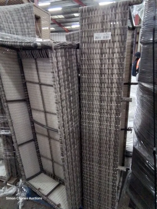 PALLET OF GREY RATTAN FURNITURE PARTS, INCLUDING,N2 × SOFA SECTIONS, FOOTSTOOL & BLACK RATTAN CHAIR 