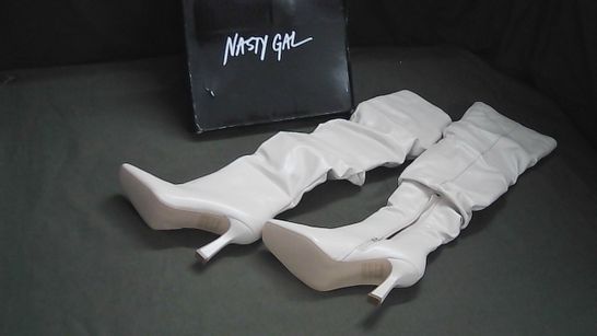 NASTY GAL FAUX LEATHER SLOUCH THIGH HIGH SQUARE TOE BOOTS CREAM UK SIZE 4 