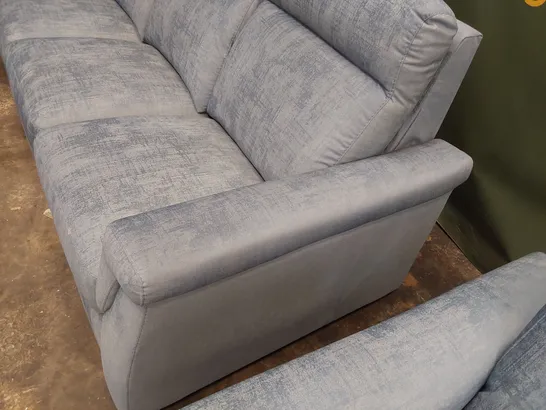 QUALITY ITALIAN DESIGNER LOUNGE SUITE, COMPRISING THREE SEATER SOFA, TWO SEATER SOFA & EASY CHAIR, LIGHT BLUE PLUSH FABRIC 