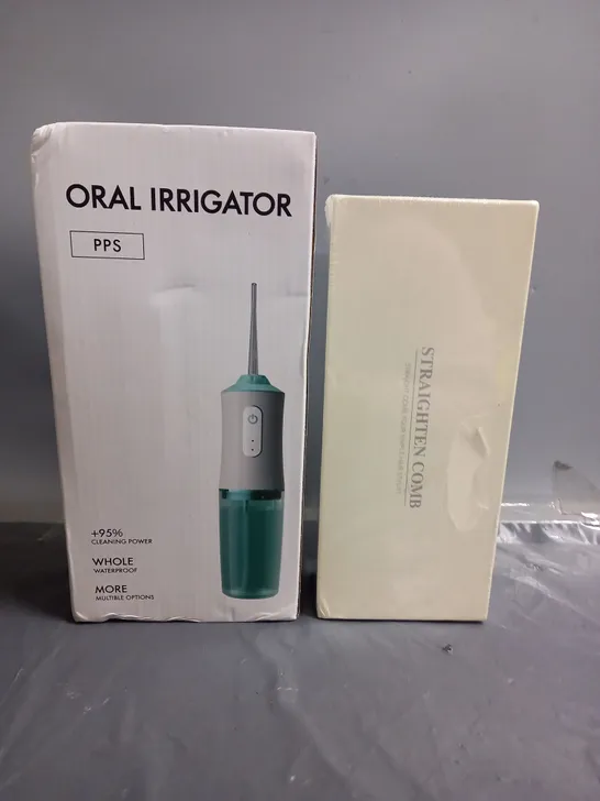 LOT OF 2 BOXED ELECTRICAL PRODUCTS TO INCLUDE - ORAL IRRIGATOR - PORTABLE HAIR STRAIGHTENING COMB