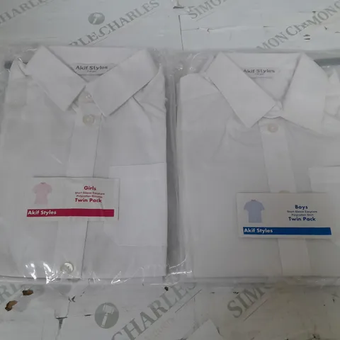 BOX OF APPROX. 90 AKIF STYLES SCHOOL WEAR GIRLS SHORT SLEEVE BLOUSES & BOYS SHORT SLEEVE SHIRTS IN VARIOUS SIZES