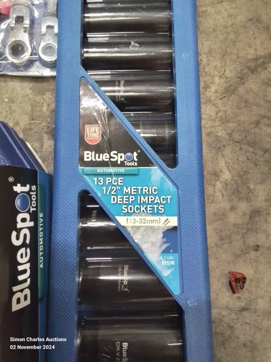 BOX CONTAINING MIXED TOOLS TO INCLUDE: BLUESPOT 94 PIECE SOCKET SET, SOLDERING TERMINAL SET, RATCHET SPANNER SET, X2 DEEP IMPACT SOCKET SETS