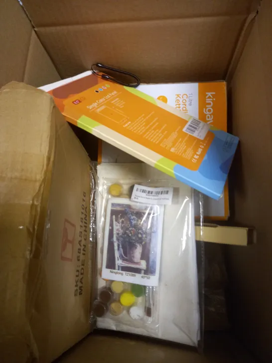 BOX OF APPROXIMATELY 5 ITEMS TO INCLUDE CORDLESS KETTLE, LCD TABLET, PAINT SET ETC