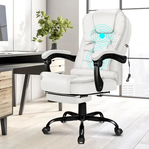 BOXED ELFORDSON MASSAGE OFFICE CHAIR WITH FOOTREST EXECUTIVE GAMING SEAT LEATHER WHITE