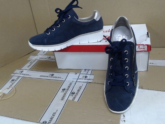 BOXED PAIR OF REIKER WEDGED NAVY TRAINERS - SIZE 4