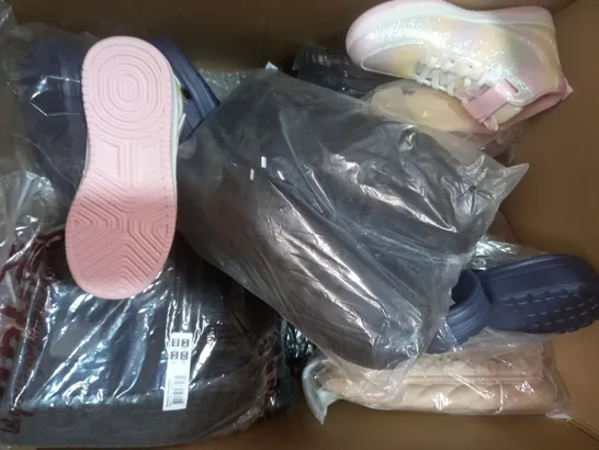 BOX OF APPROXIMATELY 10 ASSORTED PAIRS OF SHOES AND FOOTWEAR ITEMS IN VARIOUS STYLES AND SIZES TO INCLUDE PRETTY LITTLE THING, JOHN LEWIS, ETC