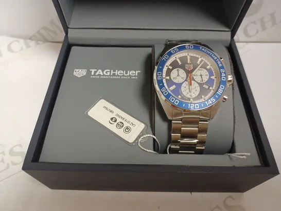 TAG HEUER TACHYMETER TRIPLE DIAL SILVER WATCH WITH BLUE FACE