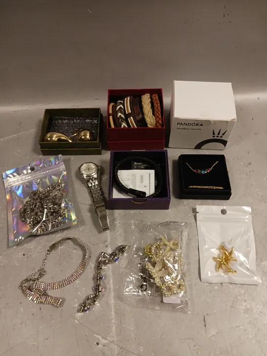 APPROXIMATELY 20 ASSORTED JEWELLERY PRODUCTS TO INCLUDE NECKLACES, WATCHES, BRACELETS ETC 