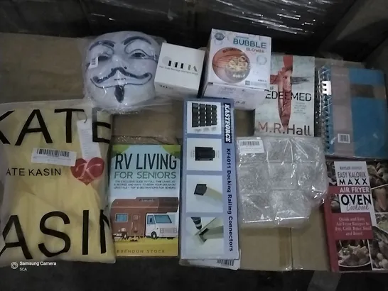 PALLET OF ASSORTED ITEMS INCLUDING AUTOMATIC BUBBLE BLOWER, RV LIVING FOR SENIORS BOOK, GUY FAWKS MASK, DECKING RAILING CONNECTORS, THE REDEEMED BOOK, ACRYLIC BOXES WITH LIDS