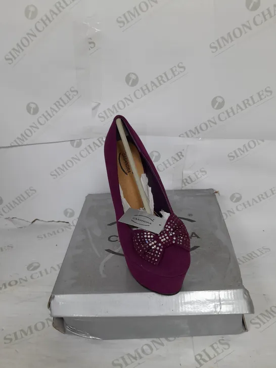 CASSANDRA PLATFORM STILLETO HEEL IN  PURPLE SUEDE WITH PHINESTONE BOW DETAIL SIZE 3