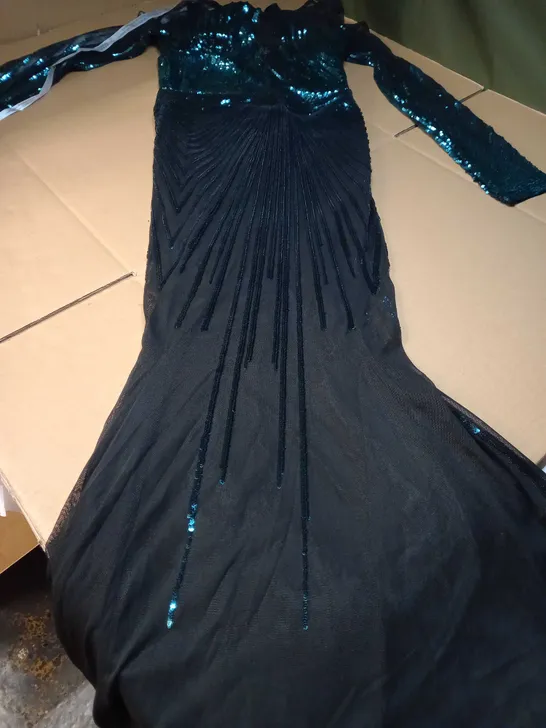 GODDIVA BLACK/EMERALD SEQUIN/NET DETAILED OCCASION DRESS - SIZE 8