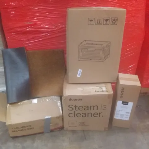 PALLET OF ASSORTED ITEMS INCLUDING CHILDREN'S BALANCE BIKE, STEAM CLEANER, FLOOR MAT, NONSTICK FRYING PAN