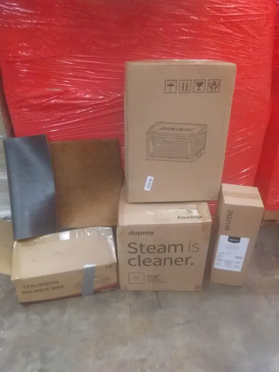 PALLET OF ASSORTED ITEMS INCLUDING CHILDREN'S BALANCE BIKE, STEAM CLEANER, FLOOR MAT, NONSTICK FRYING PAN