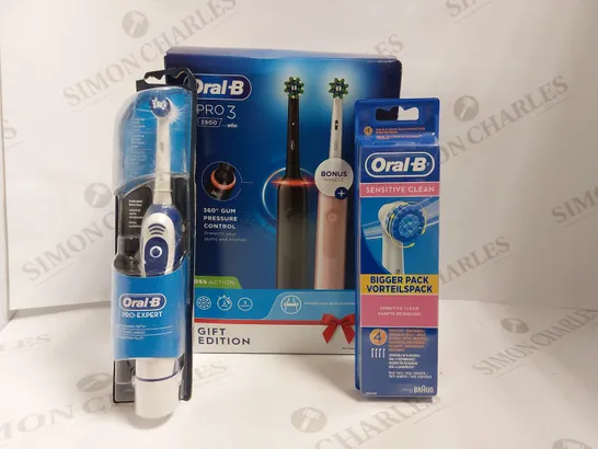 BOX OF 3 ORAL B ITEMS TO INCLUDE PRO EXPERT, PRO 3 3900 GIFT SET AND ORAL B TOOTHBRUSH HEADS