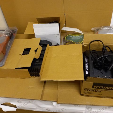 BOX OF APPROX 25 ASSORTED TOOL/DIY RELATED ITEMS TO INCLUDE: TOOL BATTERY CHARGERS