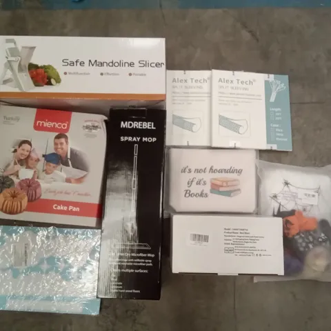 PALLET OF ASSORTED ITEMS INCLUDING SAFE MANDOLINE SLICER, SPRAY MOP, ALEX TECH SPLIT SLEEVING, HALLOWEEN DECORATIONS, MIENCA CAKE PAN, BED RASIER