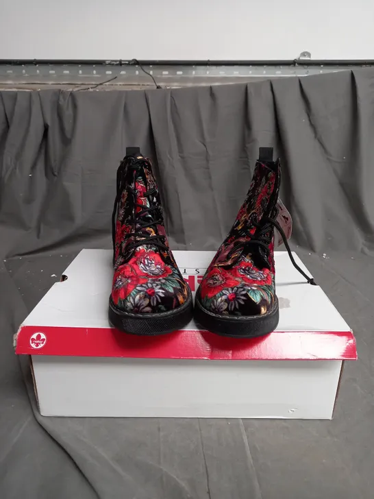 BOXED PAIR OF RIEKER LACE UP BOOTS MULTI/FLORAL PATTERN - SIZE 6 