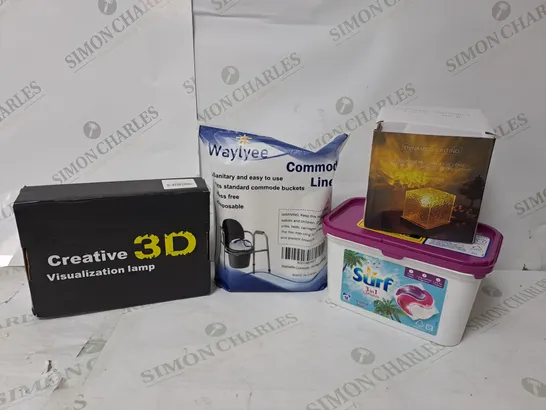 APPROXIMATELY 12 ASSORTED ITEMS TO INCLUDE CREATIVE 3D VISUALISATION LAMP, COMMODE LINERS, SURF 3-IN-1 CAPSULES, DYNAMIC LIGHTING ATMOSPHERE DISPLAY