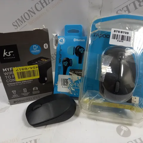 APPROXIMATELY 12 ASSORTED ELECTRICAL ITEMS TO INCLUDE RAPOO M100 SILENT MOUSE, MYFM 2, JLAB EARBUDS, ETC