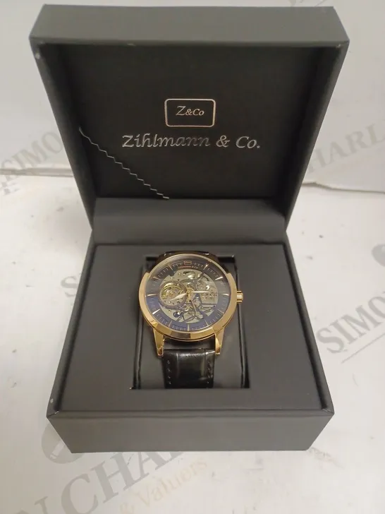 MENS ZIHLMANN & CO AUTOMATIC WATCH - Z210 – SKELETON DIAL – GOLD COLOUR CASE – GENUINE LEATHER CASE – HAND ASSEMBLED 