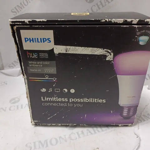 BOXED PHILIPS HUE WHITE AND COLOUR AMBIANCE STARTER KIT