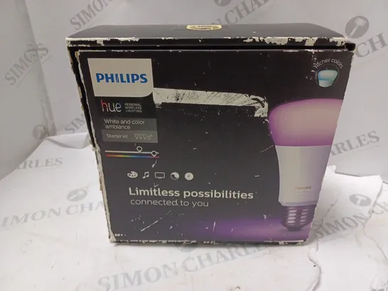 BOXED PHILIPS HUE WHITE AND COLOUR AMBIANCE STARTER KIT