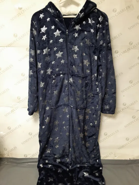 COZEE HOME LADIES FLEECE ONESIE ALL IN ONE BLUE WITH SILVER STARS SIZE L