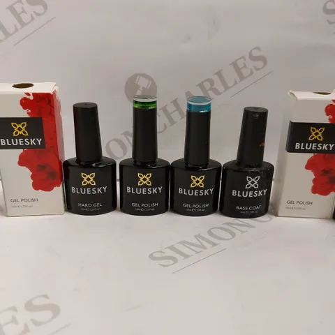 BOX OF APPROX 10 BLUESKY ITEMS TO INCLUDE HARD GEL POLISH, BASE COAT AND GEL POLISHES IN ASSORTED COLOURS 