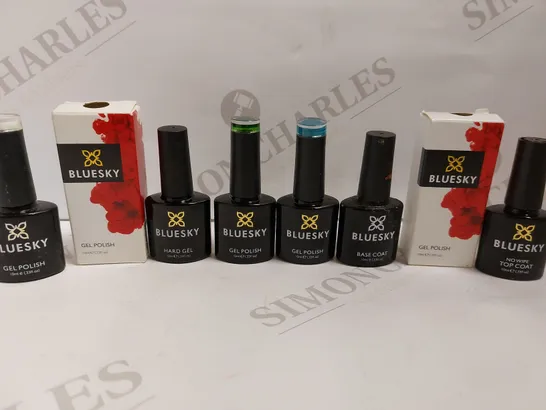 BOX OF APPROX 10 BLUESKY ITEMS TO INCLUDE HARD GEL POLISH, BASE COAT AND GEL POLISHES IN ASSORTED COLOURS 