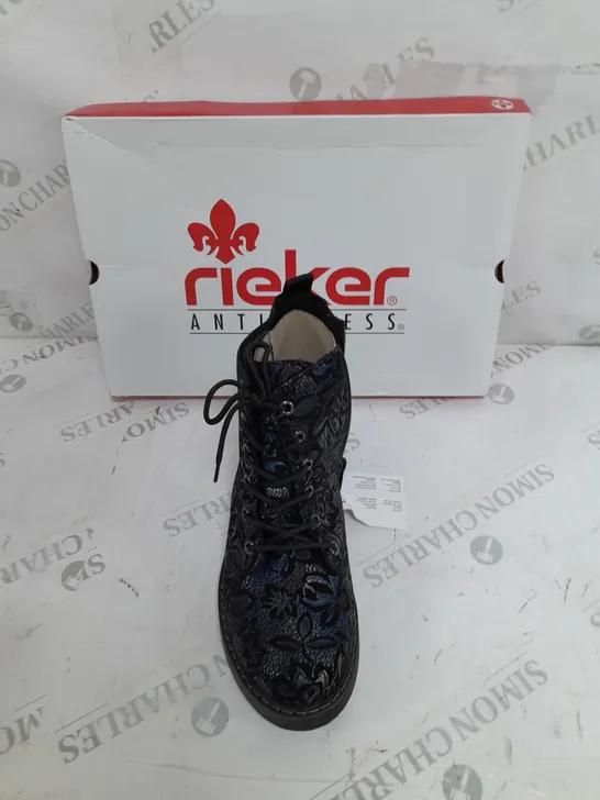 BOXED PAIR OF REIKER LACE UP BOOTS IN NAVY - SIZE 5