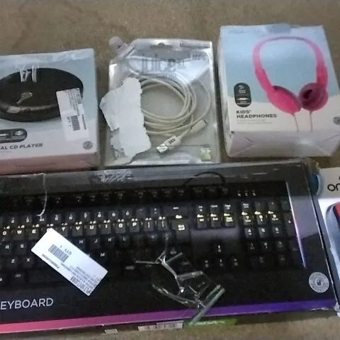 BOX OF ASSORTED ELECTRICAL ITEMS INCLUDING GAMING KEYBOARD, PERSONAL CD PLAYER, IPHONE CHARGING CABLE, KIDS HEADPHONES AND WIRELESS OPTICAL MOUSE