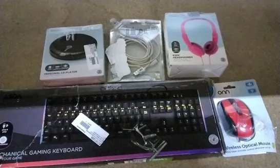 BOX OF ASSORTED ELECTRICAL ITEMS INCLUDING GAMING KEYBOARD, PERSONAL CD PLAYER, IPHONE CHARGING CABLE, KIDS HEADPHONES AND WIRELESS OPTICAL MOUSE